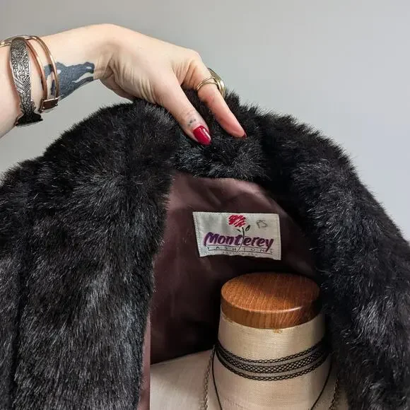 Vintage Black Faux Fur Coat Fur Trim Jacket Mob Wife Minimalist Goth Chic Medium - Picture 9 of 12
